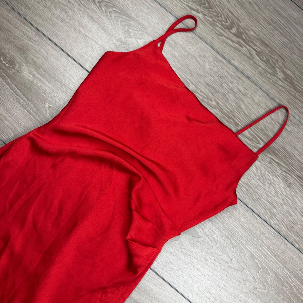 Lulus Womens Midi Dress Satin Cowl Neck Side Slit Adjustable Straps‎ Red M